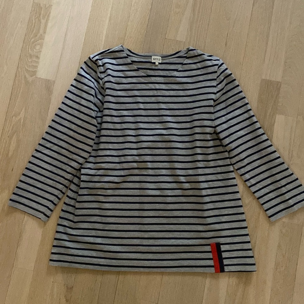 Kule Classic French Mariniere T-Shirt Tailored 3/4 Sleeve Gray Navy Striped Lrg
